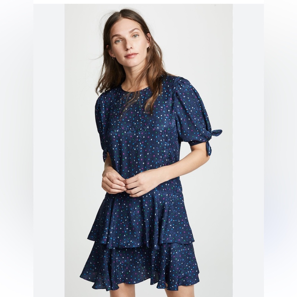 Rebecca Taylor Short Sleeve Silk DOT Dress Navy Blue